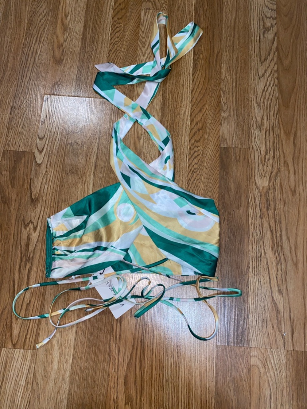 Cotton Candy Green, Teal, White & Gold Abstract Halter Crop Top